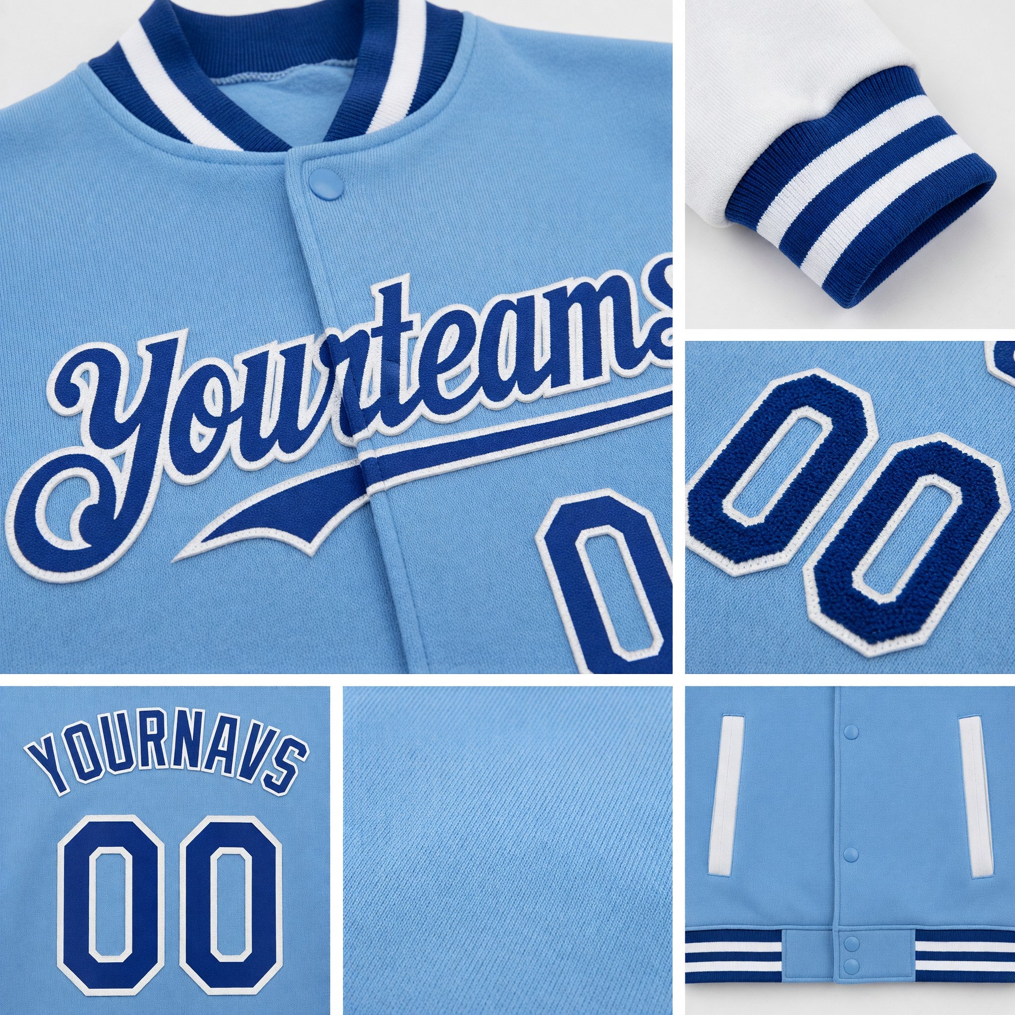 Custom Light Blue Royal-White Bomber Full-Snap Varsity Letterman Two Tone Hoodie Jacket detail