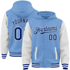 Custom Light Blue Royal-White Bomber Full-Snap Varsity Letterman Two Tone Hoodie Jacket photo 1