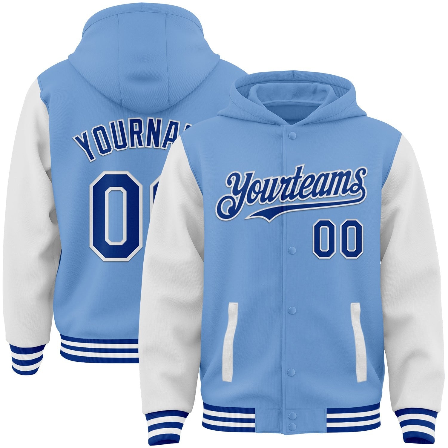 Custom Light Blue Royal-White Bomber Full-Snap Varsity Letterman Two Tone Hoodie Jacket photo 1