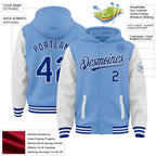 Custom Light Blue Royal-White Bomber Full-Snap Varsity Letterman Two Tone Hoodie Jacket photo 3