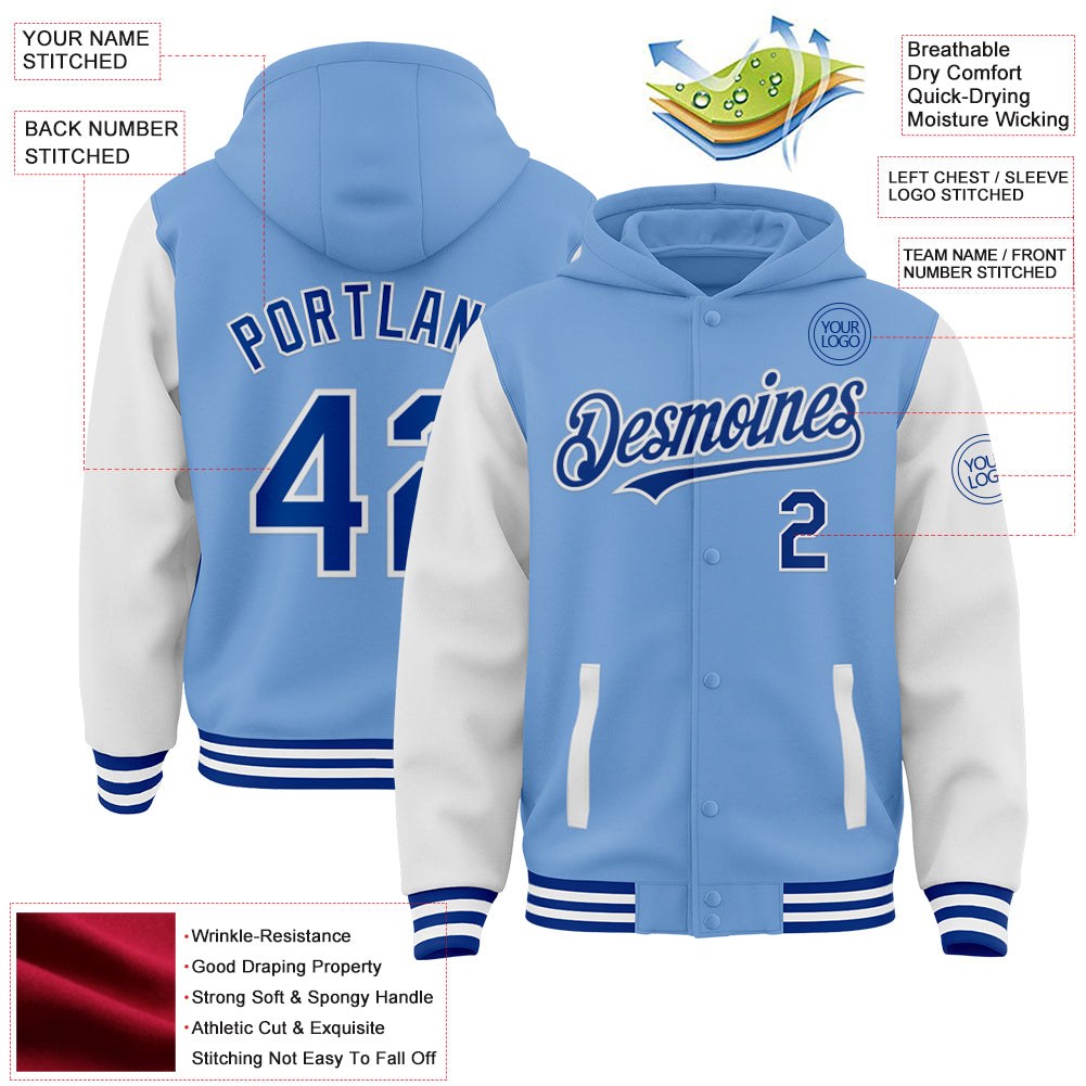 Custom Light Blue Royal-White Bomber Full-Snap Varsity Letterman Two Tone Hoodie Jacket photo 3