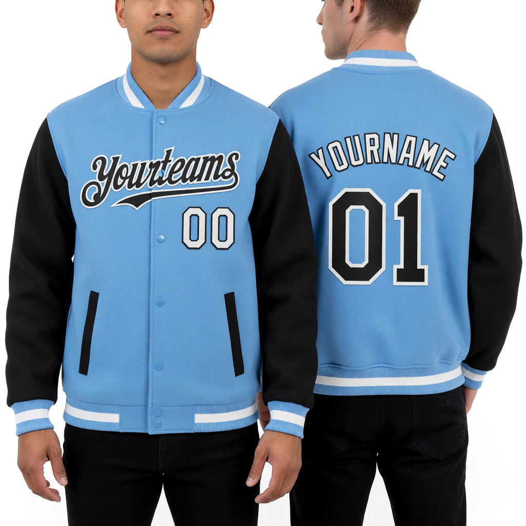 Custom Light Blue Black-White Bomber Full-Snap Varsity Letterman Two Tone Hoodie Jacket worn front and back