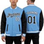 Custom Light Blue Black-White Bomber Full-Snap Varsity Letterman Two Tone Hoodie Jacket worn front and back