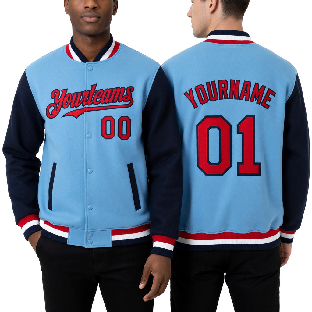 Custom Light Blue Red-Navy Bomber Full-Snap Varsity Letterman Two Tone Hoodie Jacket worn front and back