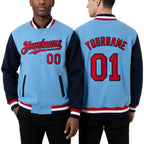 Custom Light Blue Red-Navy Bomber Full-Snap Varsity Letterman Two Tone Hoodie Jacket worn front and back