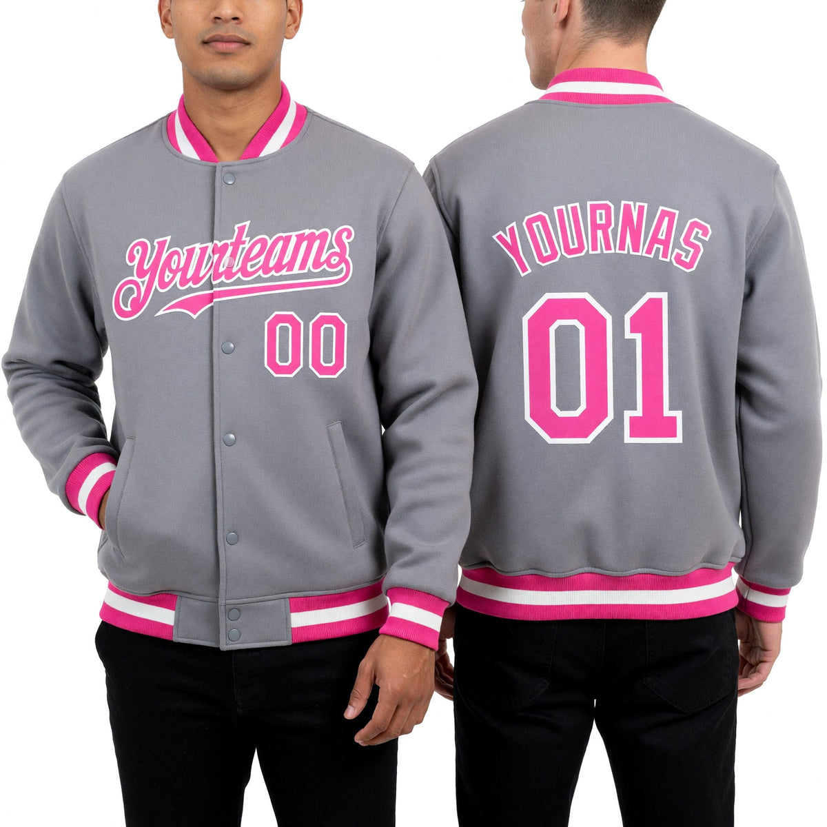 Custom Gray Pink-White Bomber Full-Snap Varsity Letterman Hoodie Jacket worn front and back