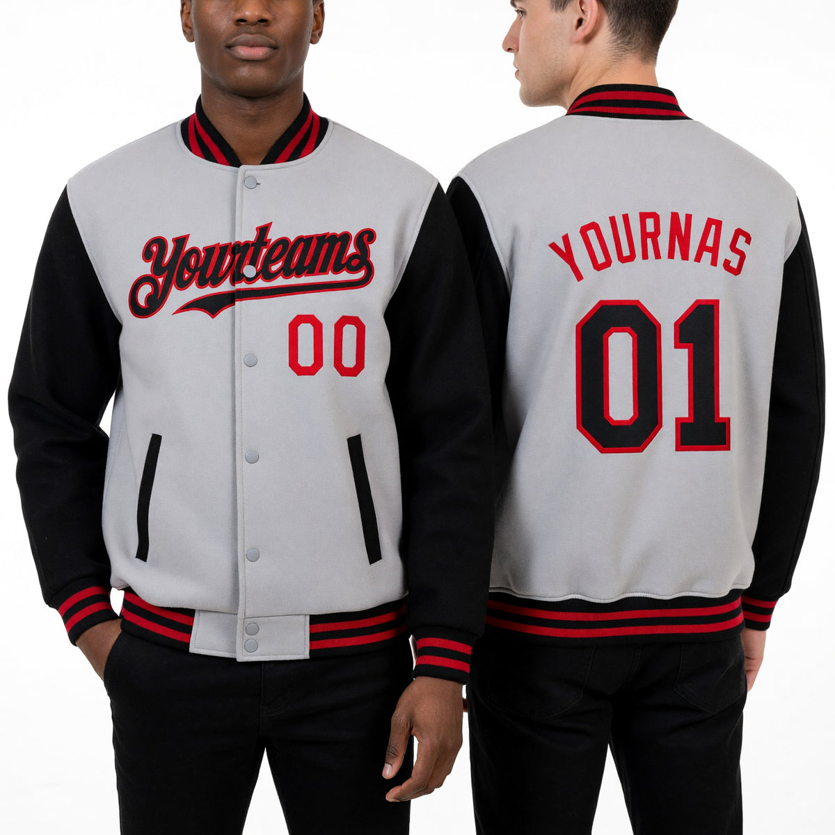 Custom Gray Black-Red Bomber Full-Snap Varsity Letterman Two Tone Hoodie Jacket worn front and back