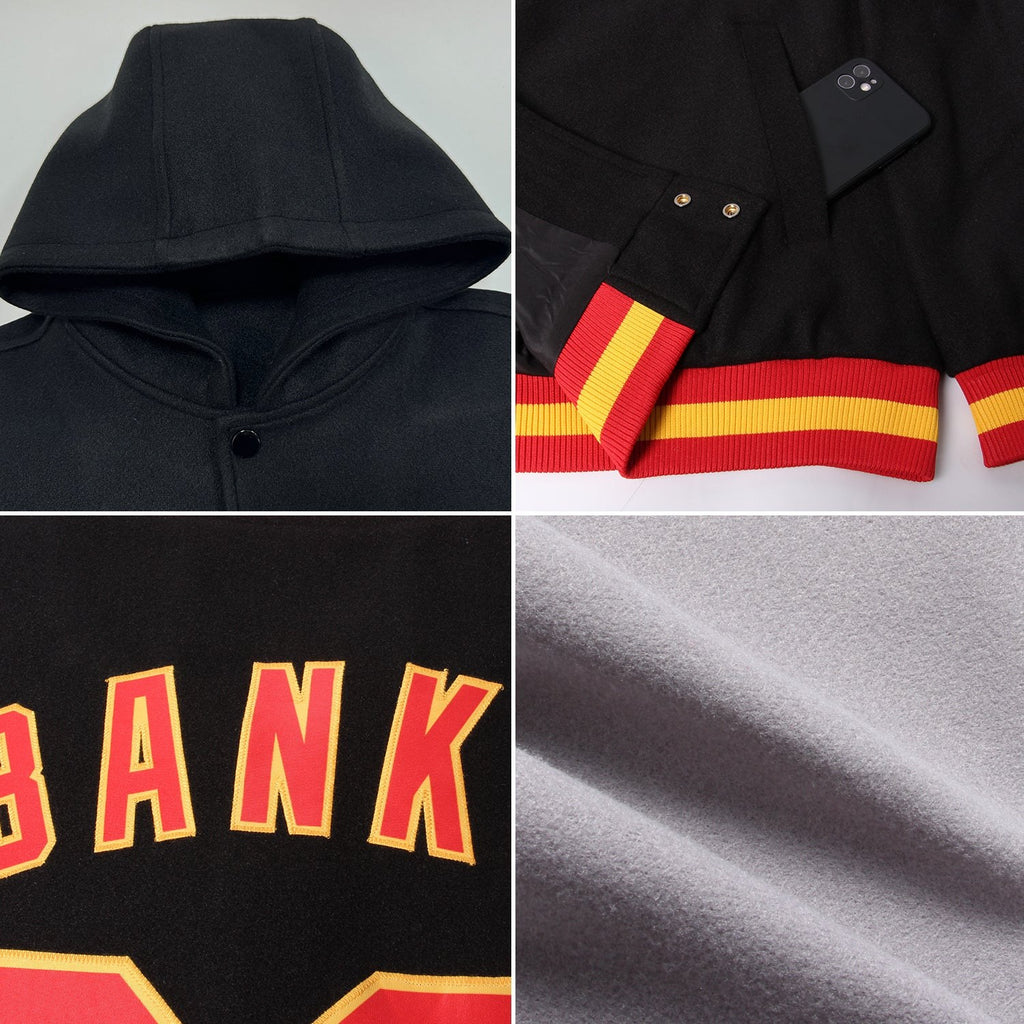 Custom Gray Black-Red Bomber Full-Snap Varsity Letterman Two Tone Hoodie Jacket photo 2
