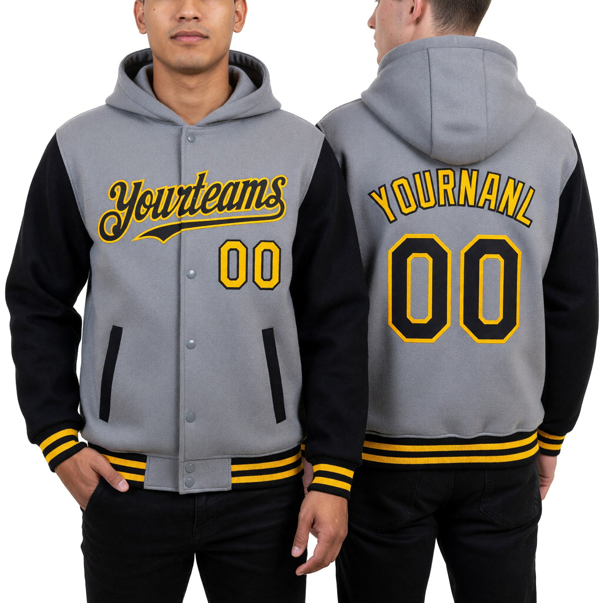 Custom Gray Black-Gold Bomber Full-Snap Varsity Letterman Two Tone Hoodie Jacket worn front and back