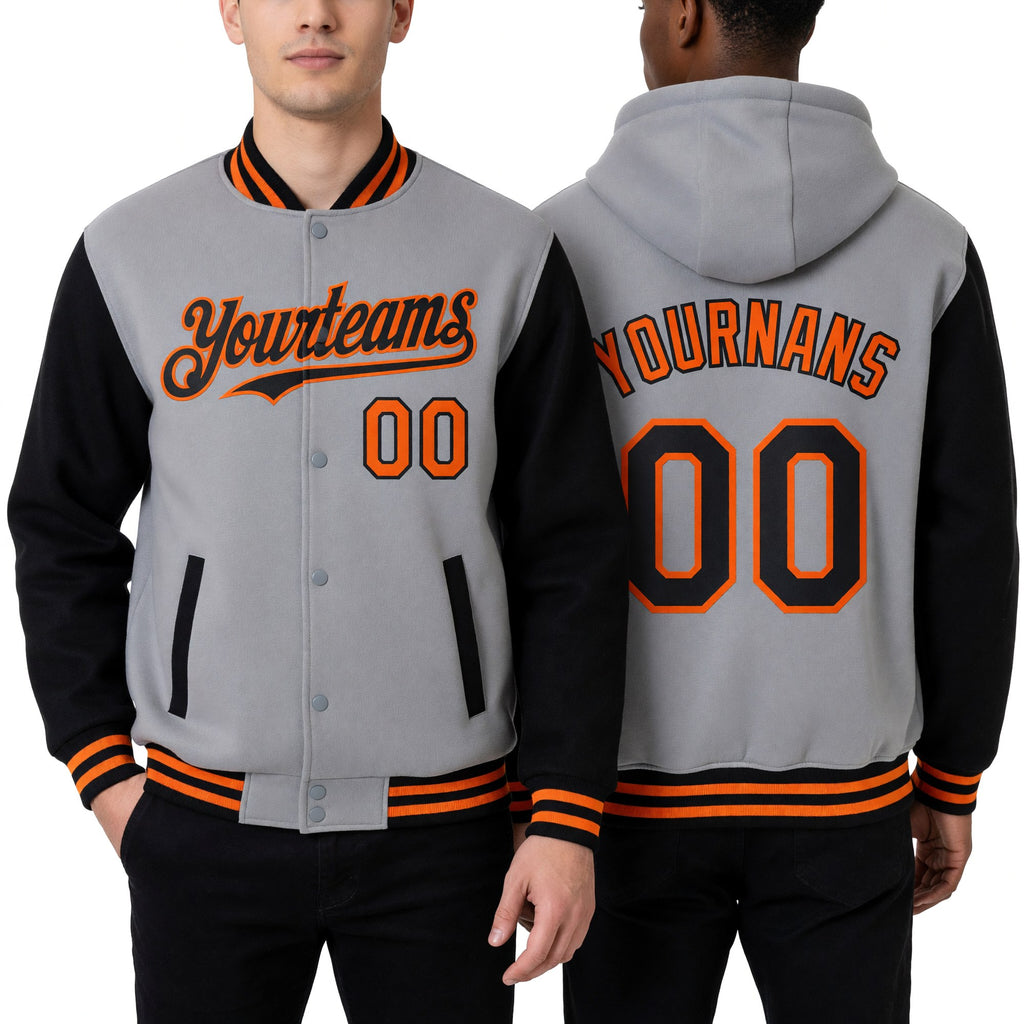 Custom Gray Black-Orange Bomber Full-Snap Varsity Letterman Two Tone Hoodie Jacket worn front and back