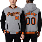 Custom Gray Black-Orange Bomber Full-Snap Varsity Letterman Two Tone Hoodie Jacket worn front and back
