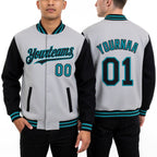 Custom Gray Black-Teal Bomber Full-Snap Varsity Letterman Two Tone Hoodie Jacket worn front and back