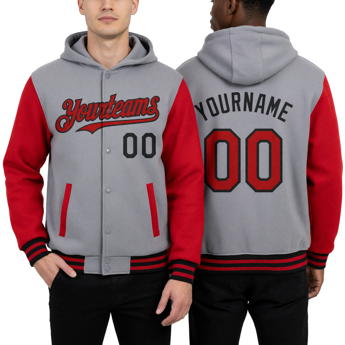 Custom Gray Red-Black Bomber Full-Snap Varsity Letterman Two Tone Hoodie Jacket worn front and back