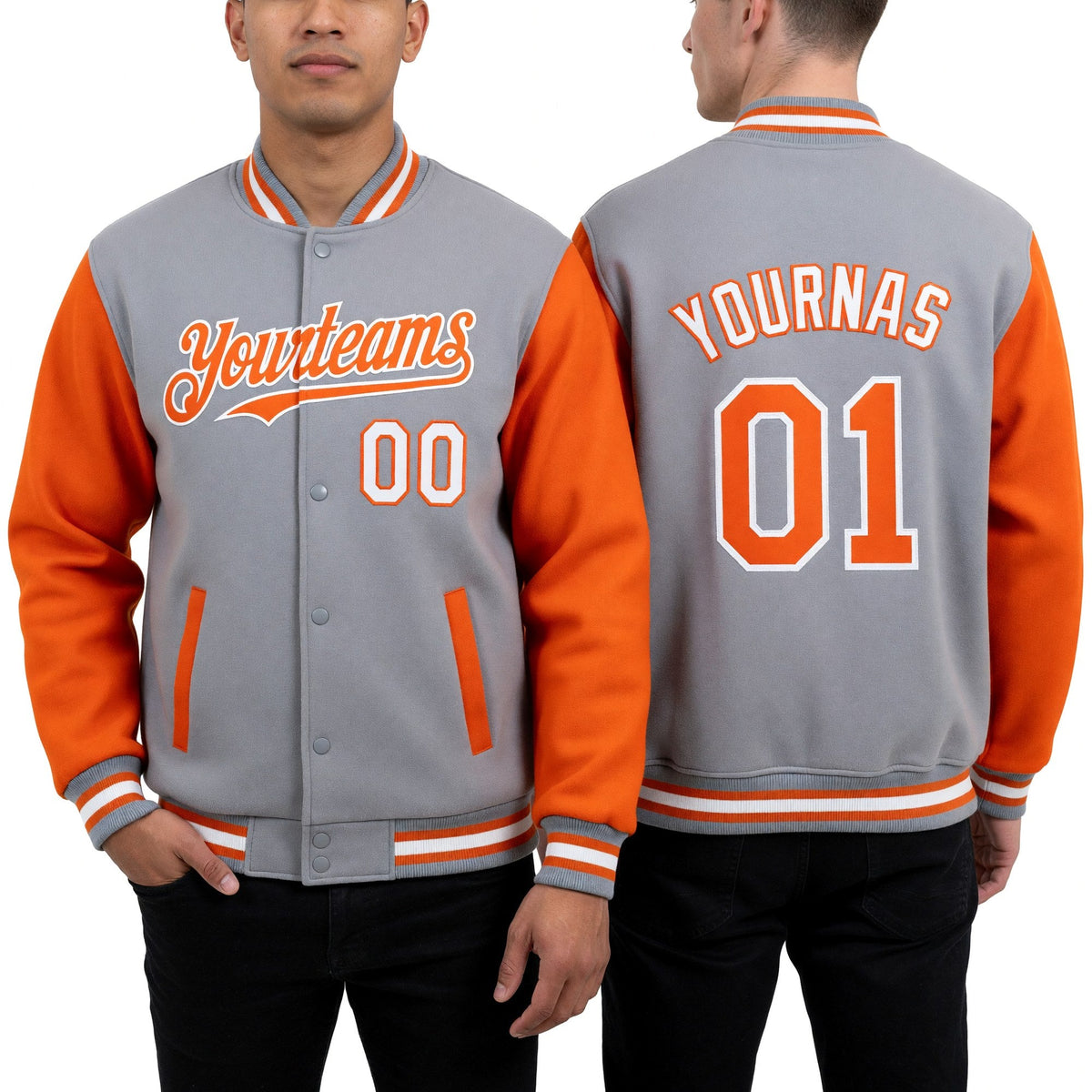 Custom Gray Orange-White Bomber Full-Snap Varsity Letterman Two Tone Hoodie Jacket worn front and back