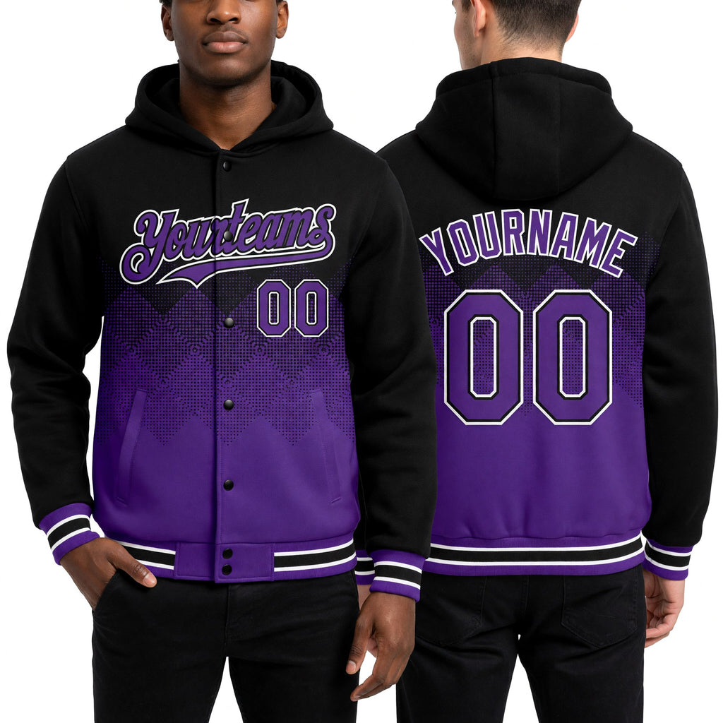 Custom Black Purple-White Gradient Square Shape 3D Pattern Design Bomber Full-Snap Varsity Letterman Hoodie Jacket worn front and back