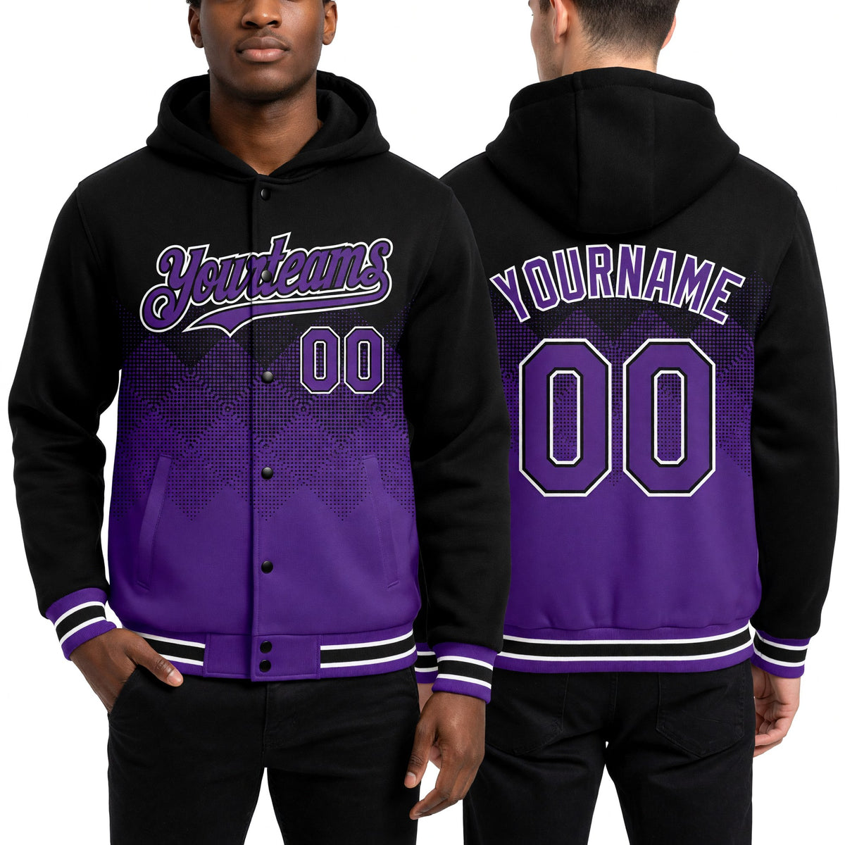 Custom Black Purple-White Gradient Square Shape 3D Pattern Design Bomber Full-Snap Varsity Letterman Hoodie Jacket worn front and back