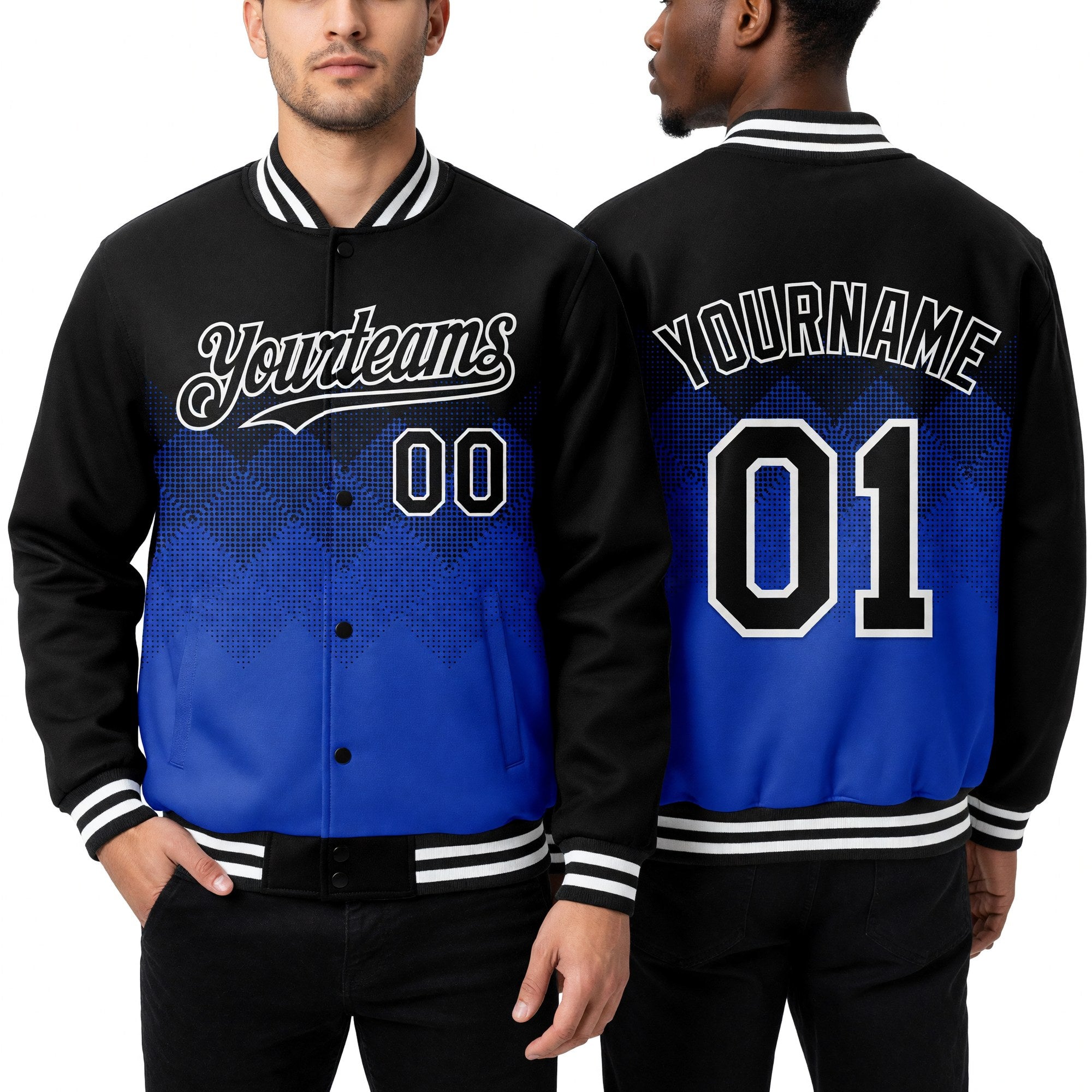 Custom Black Thunder Blue-White Gradient Square Shape 3D Pattern Design Bomber Full-Snap Varsity Letterman Hoodie Jacket worn front and back