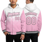 Custom White Light Pink-Black Gradient Square Shape 3D Pattern Design Bomber Full-Snap Varsity Letterman Hoodie Jacket worn front and back
