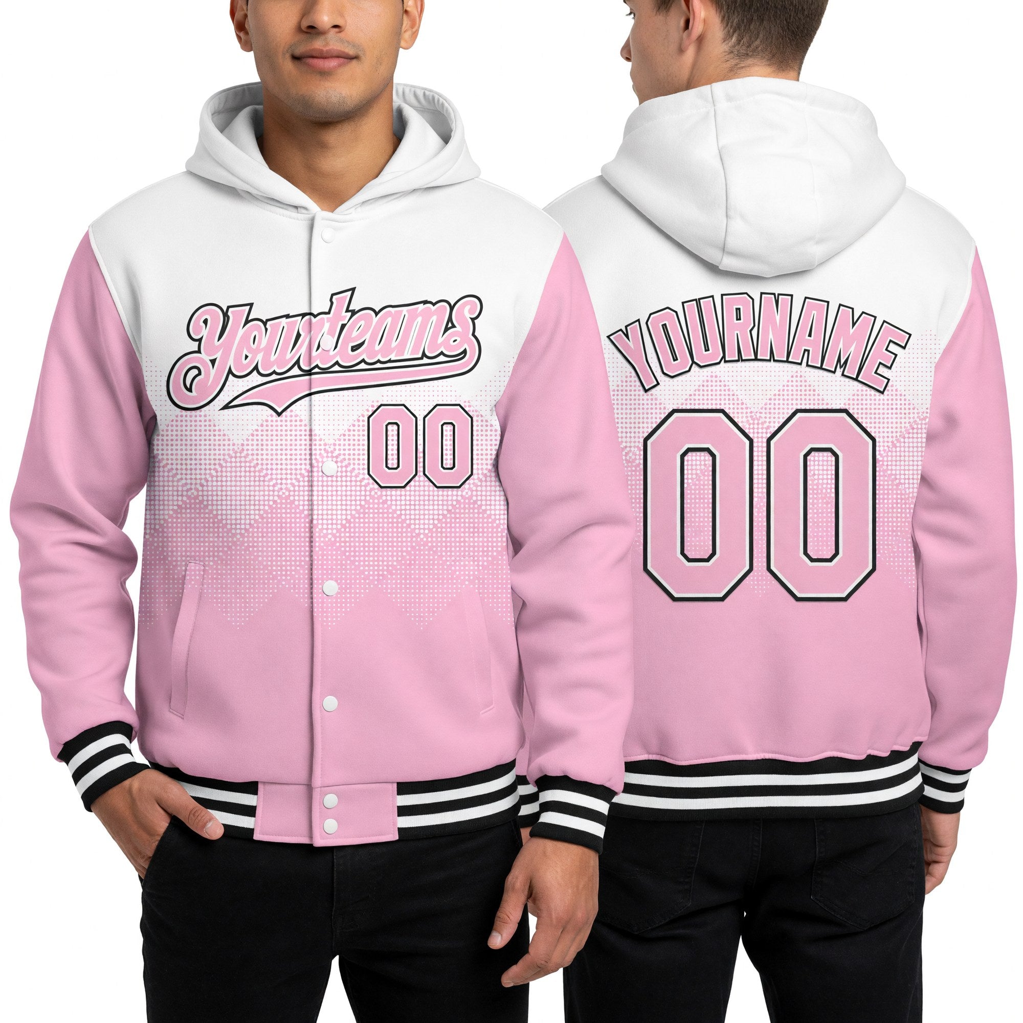 Custom White Light Pink-Black Gradient Square Shape 3D Pattern Design Bomber Full-Snap Varsity Letterman Hoodie Jacket worn front and back
