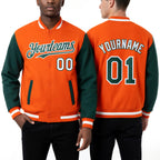 Custom Orange Green-White Bomber Full-Snap Varsity Letterman Two Tone Hoodie Jacket worn front and back