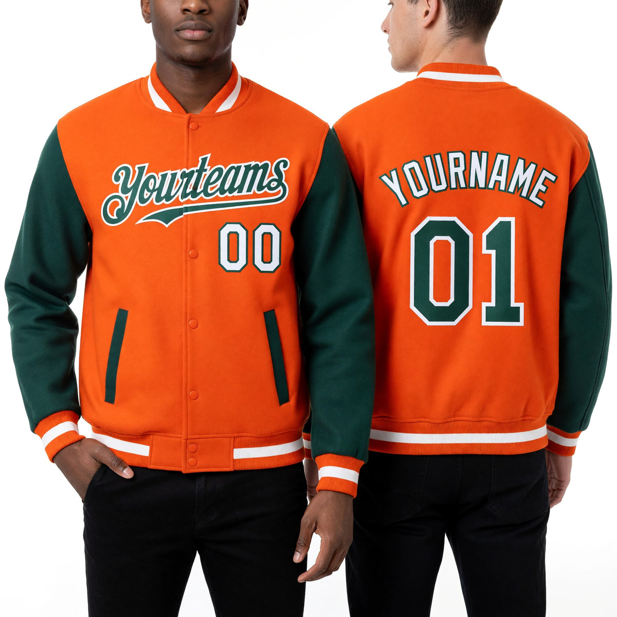 Custom Orange Green-White Bomber Full-Snap Varsity Letterman Two Tone Hoodie Jacket worn front and back