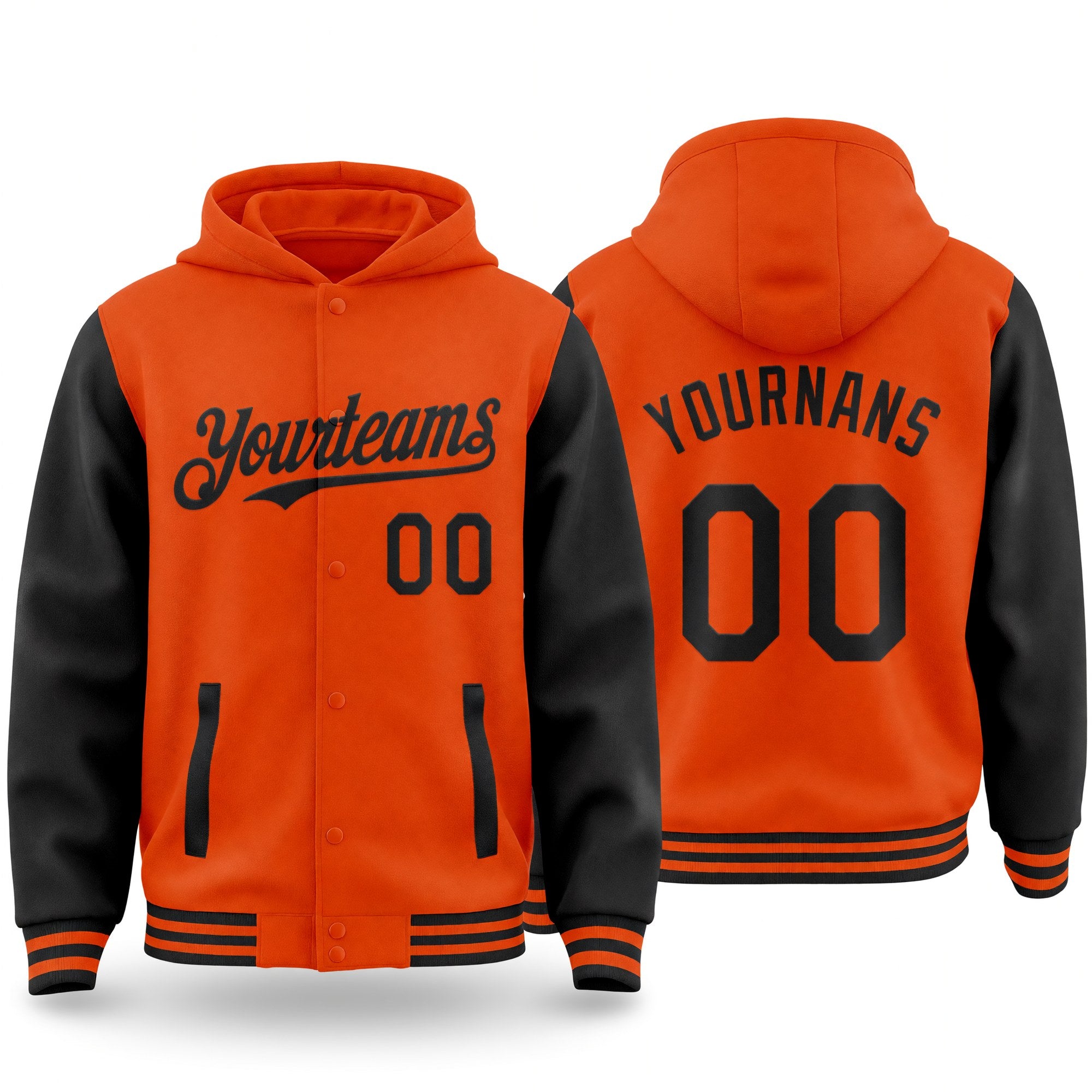 Custom Orange Black Bomber Full-Snap Varsity Letterman Two Tone Hoodie Jacket