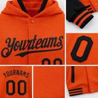 Custom Orange Black Bomber Full-Snap Varsity Letterman Two Tone Hoodie Jacket detail