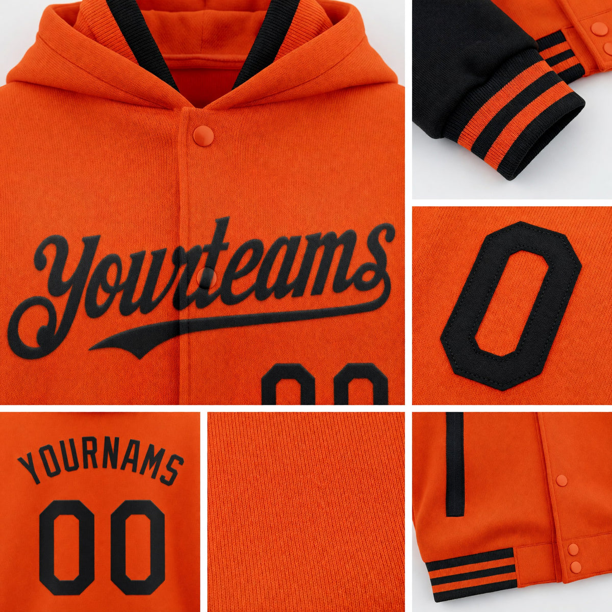 Custom Orange Black Bomber Full-Snap Varsity Letterman Two Tone Hoodie Jacket detail