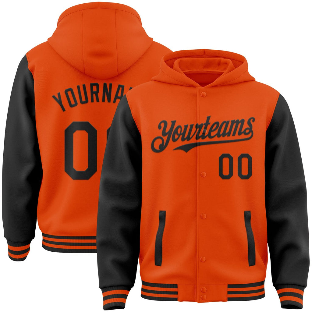 Custom Orange Black Bomber Full-Snap Varsity Letterman Two Tone Hoodie Jacket photo 1
