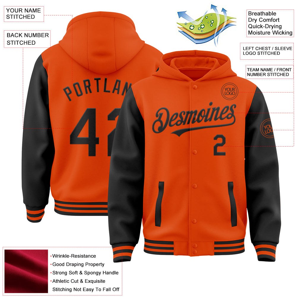 Custom Orange Black Bomber Full-Snap Varsity Letterman Two Tone Hoodie Jacket photo 3