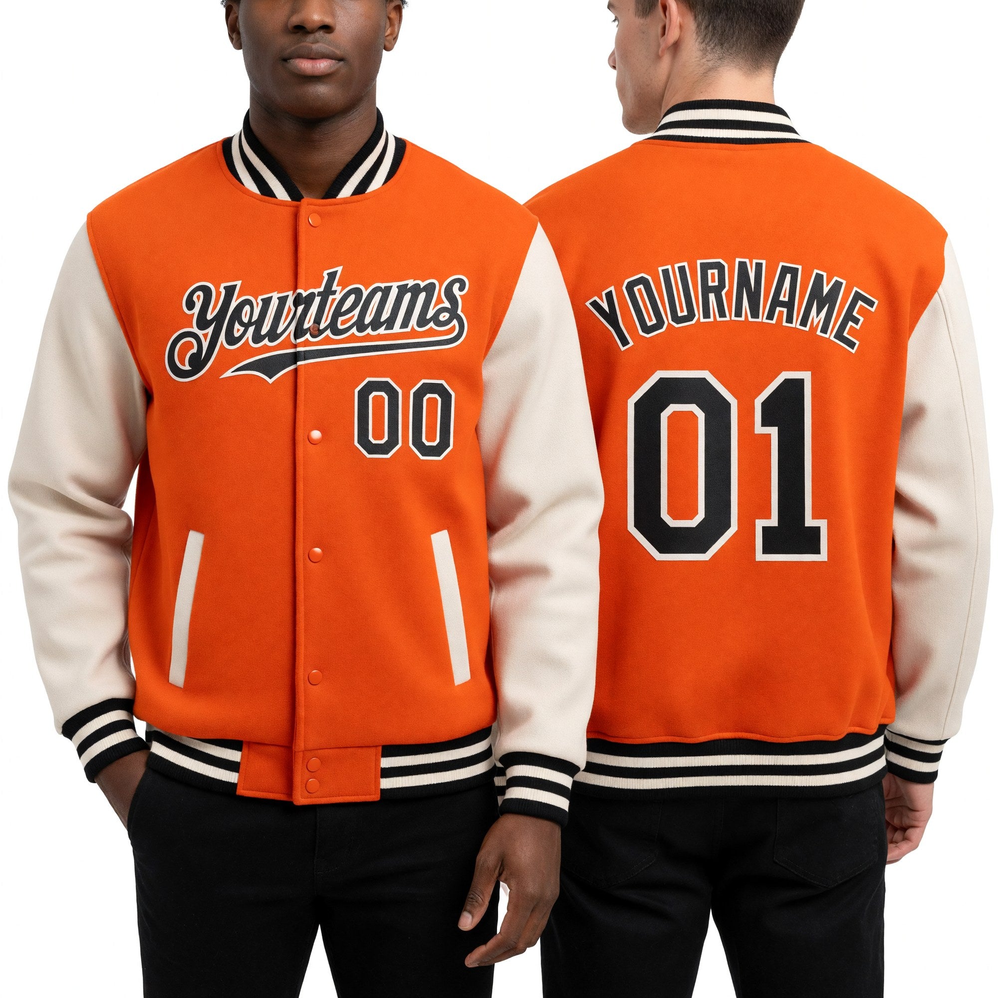 Custom Orange Black-Cream Bomber Full-Snap Varsity Letterman Two Tone Hoodie Jacket worn front and back