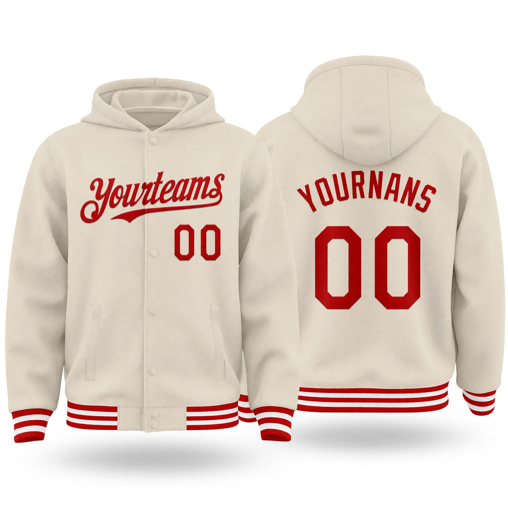 Custom Cream Red-White Bomber Full-Snap Varsity Letterman Hoodie Jacket