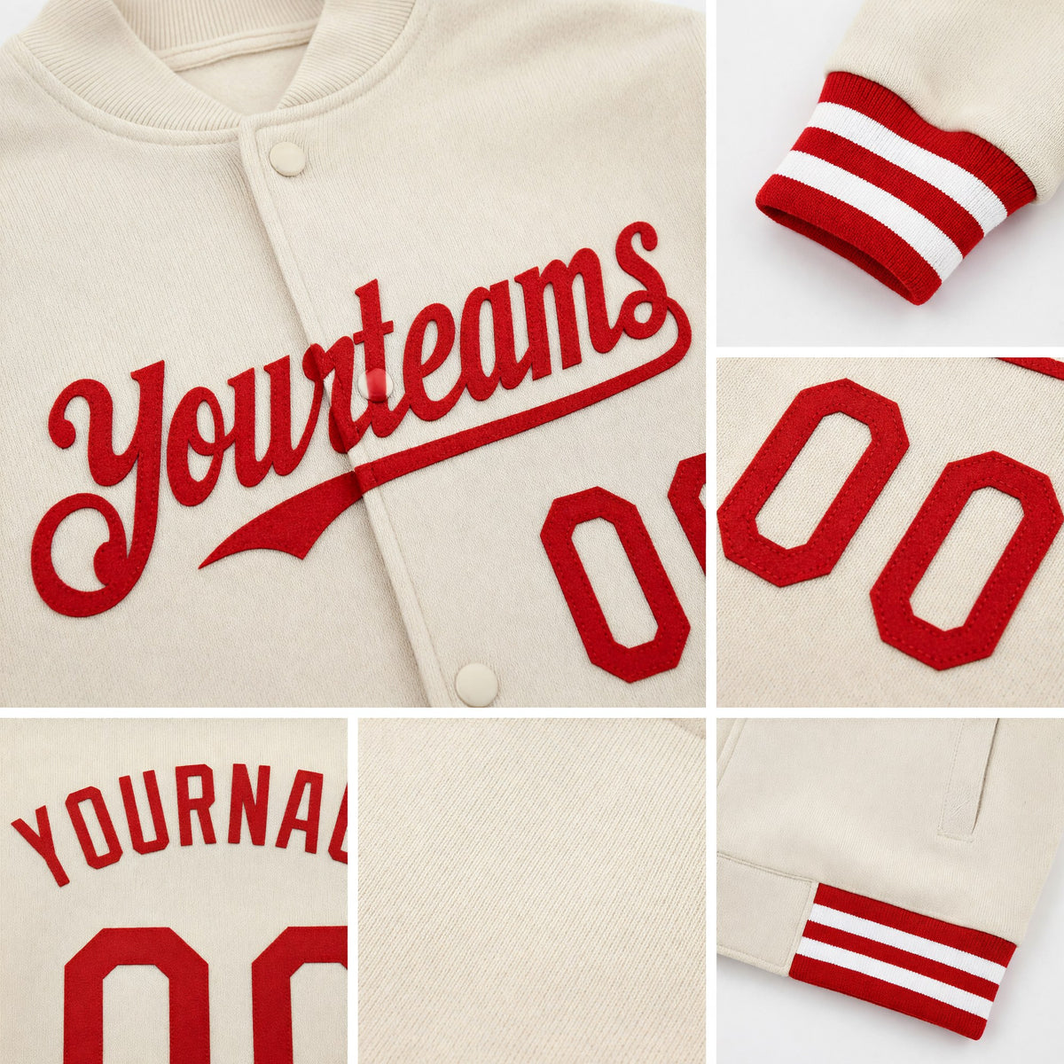 Custom Cream Red-White Bomber Full-Snap Varsity Letterman Hoodie Jacket detail