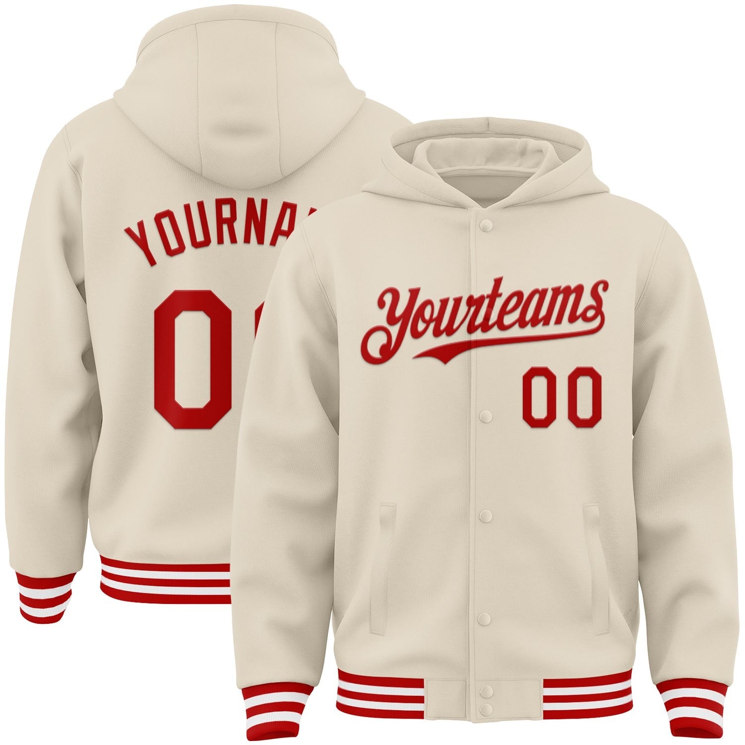 Custom Cream Red-White Bomber Full-Snap Varsity Letterman Hoodie Jacket photo 1