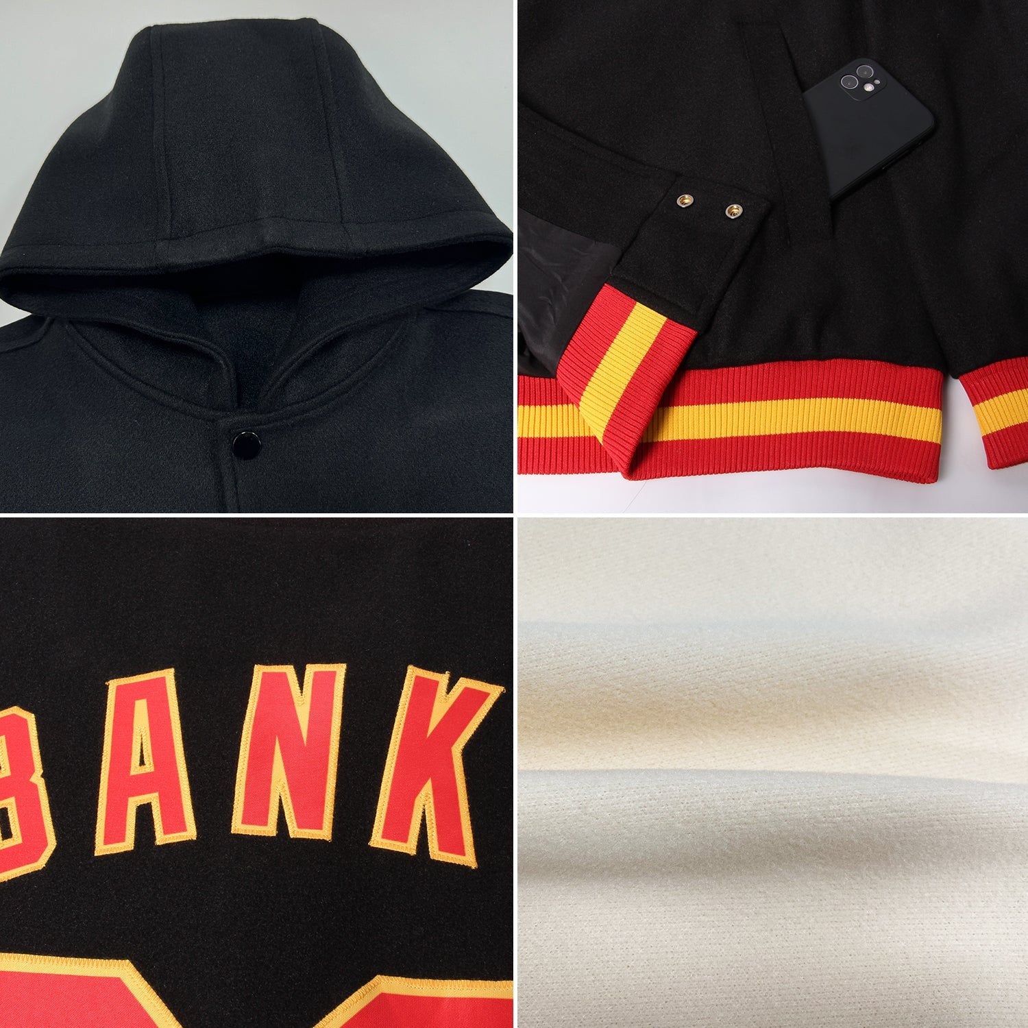 Custom Cream Red-White Bomber Full-Snap Varsity Letterman Hoodie Jacket photo 2