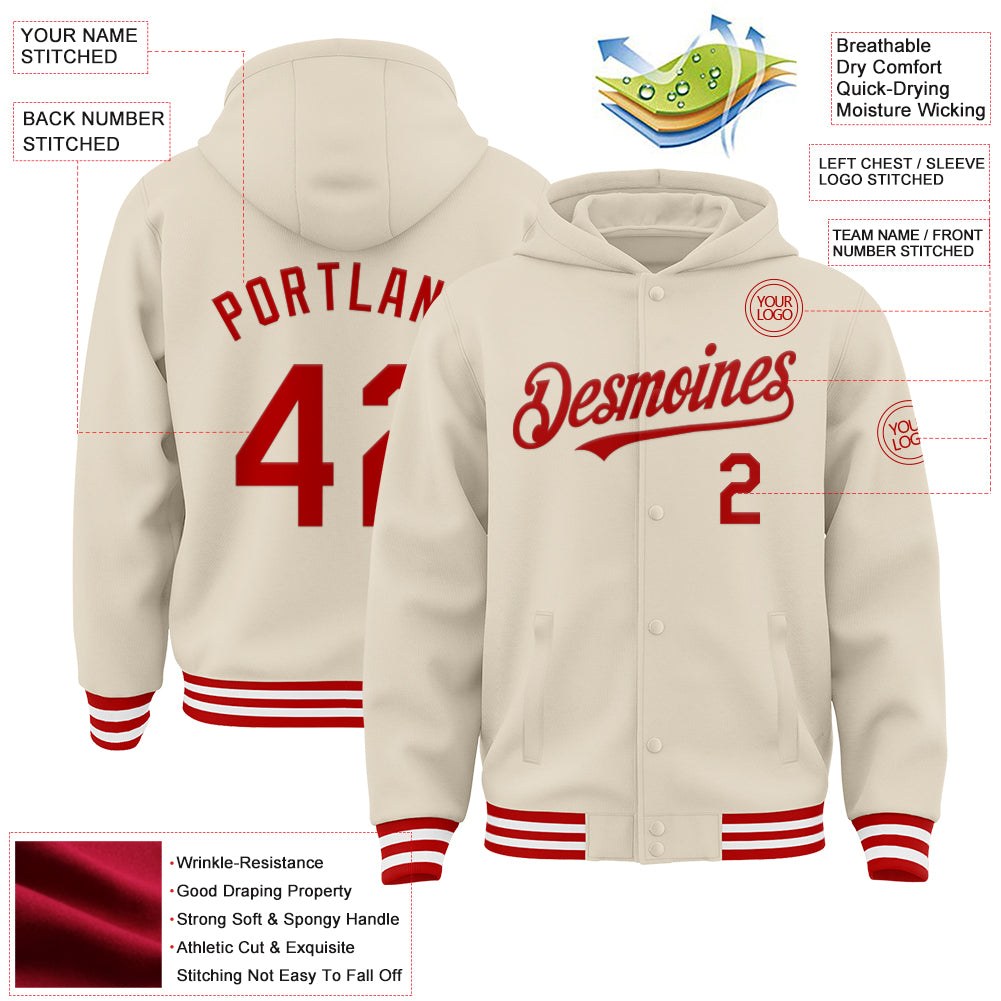 Custom Cream Red-White Bomber Full-Snap Varsity Letterman Hoodie Jacket photo 3