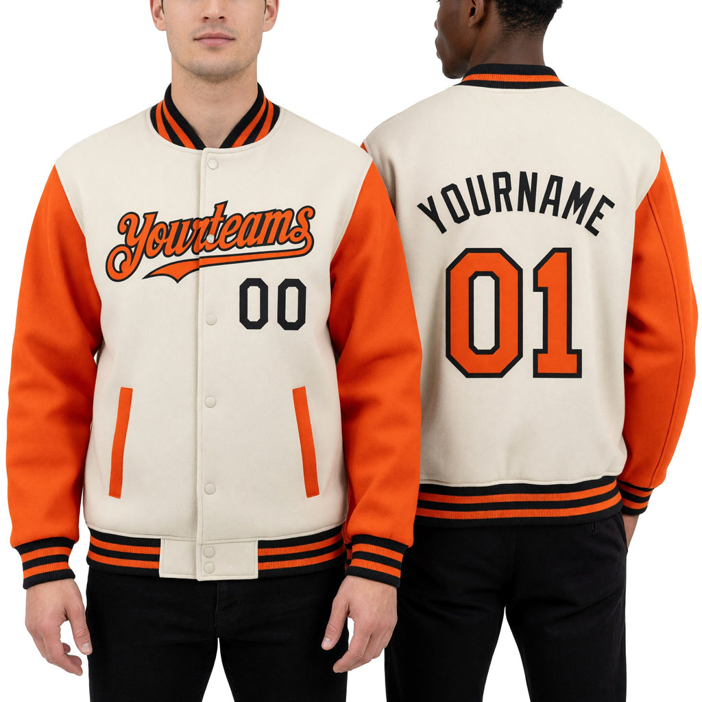 Custom Cream Orange-Black Bomber Full-Snap Varsity Letterman Two Tone Hoodie Jacket worn front and back