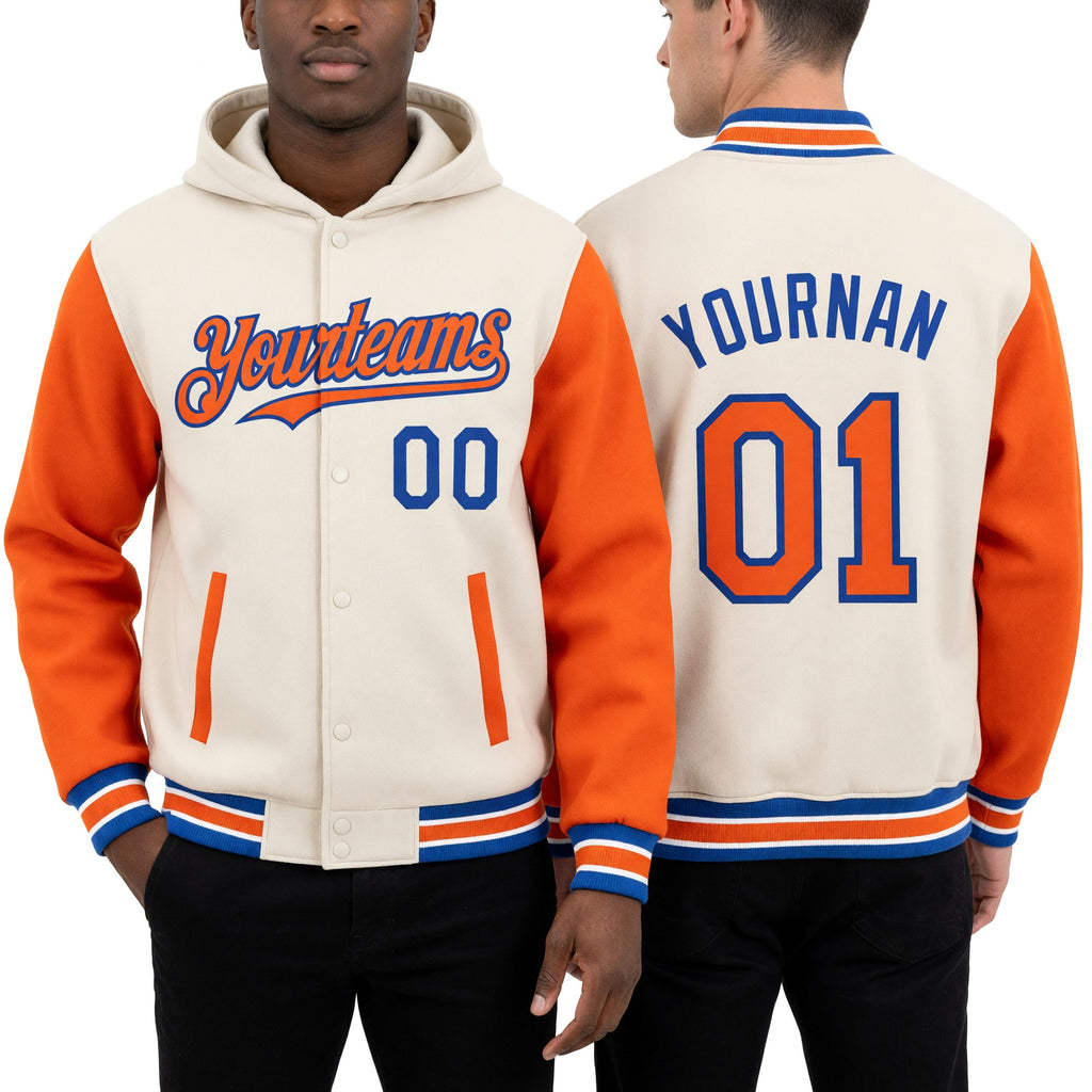 Custom Cream Orange Royal-White Bomber Full-Snap Varsity Letterman Two Tone Hoodie Jacket worn front and back