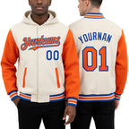 Custom Cream Orange Royal-White Bomber Full-Snap Varsity Letterman Two Tone Hoodie Jacket worn front and back