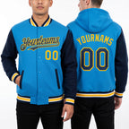 Custom Powder Blue Royal-Yellow Bomber Full-Snap Varsity Letterman Two Tone Hoodie Jacket worn front and back