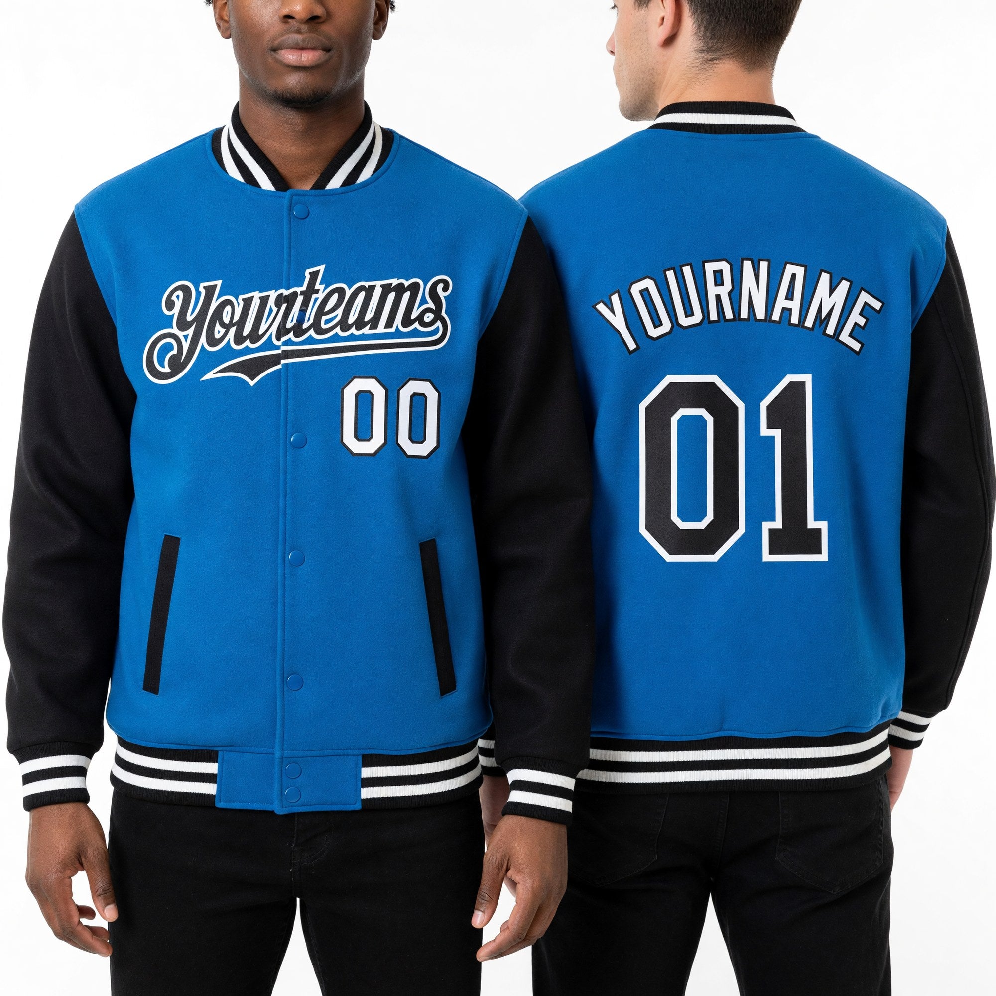 Custom Powder Blue Black-White Bomber Full-Snap Varsity Letterman Two Tone Hoodie Jacket worn front and back