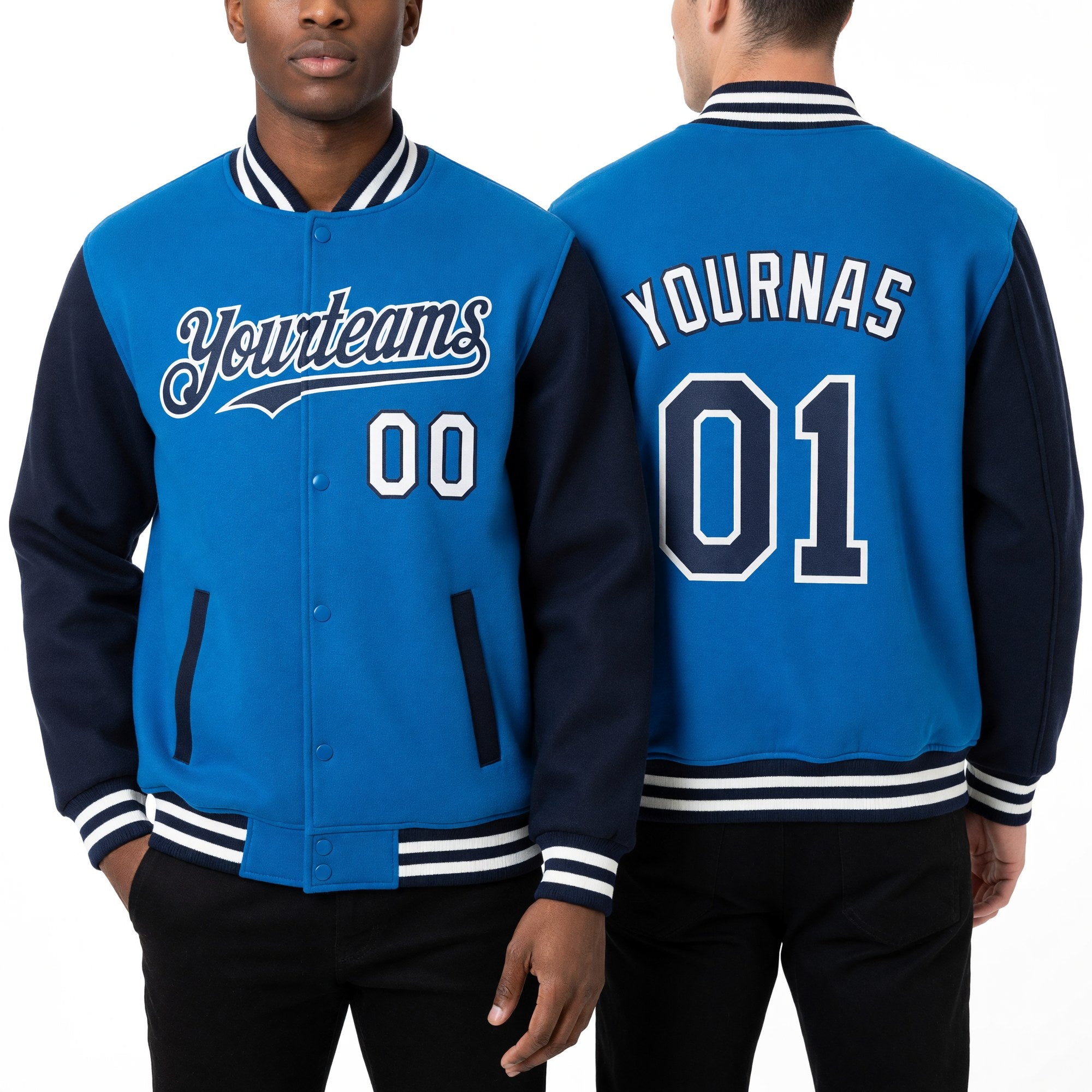 Custom Powder Blue Navy-White Bomber Full-Snap Varsity Letterman Two Tone Hoodie Jacket worn front and back