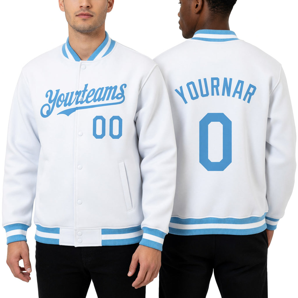 Custom White Light Blue Bomber Full-Snap Varsity Letterman Hoodie Jacket worn front and back