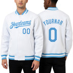 Custom White Light Blue Bomber Full-Snap Varsity Letterman Hoodie Jacket worn front and back