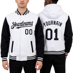Custom White Black Bomber Full-Snap Varsity Letterman Two Tone Hoodie Jacket worn front and back