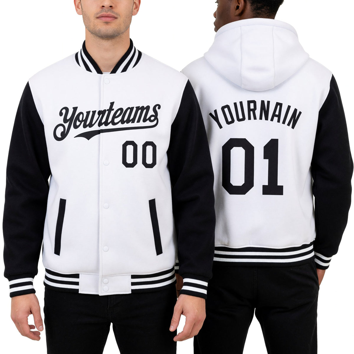 Custom White Black Bomber Full-Snap Varsity Letterman Two Tone Hoodie Jacket worn front and back