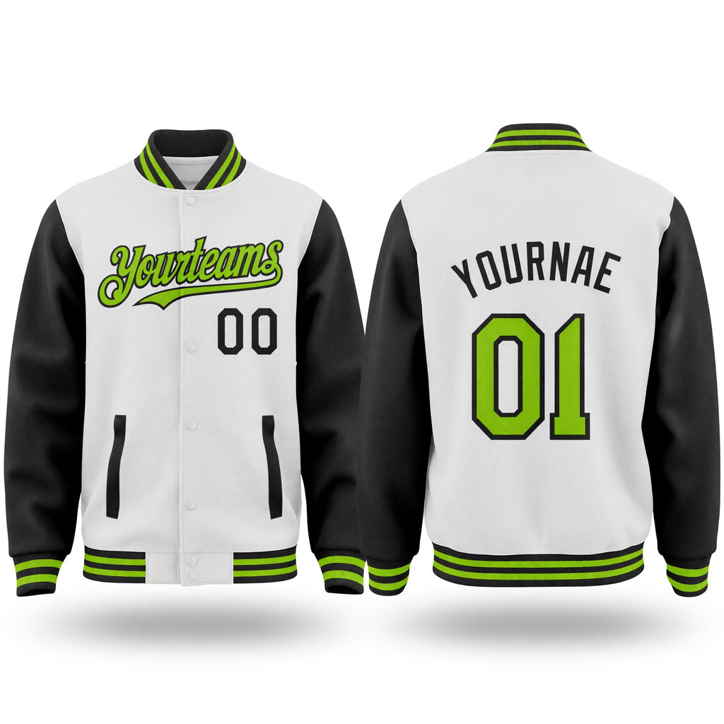 Custom White Neon Green-Black Bomber Full-Snap Varsity Letterman Two Tone Hoodie Jacket