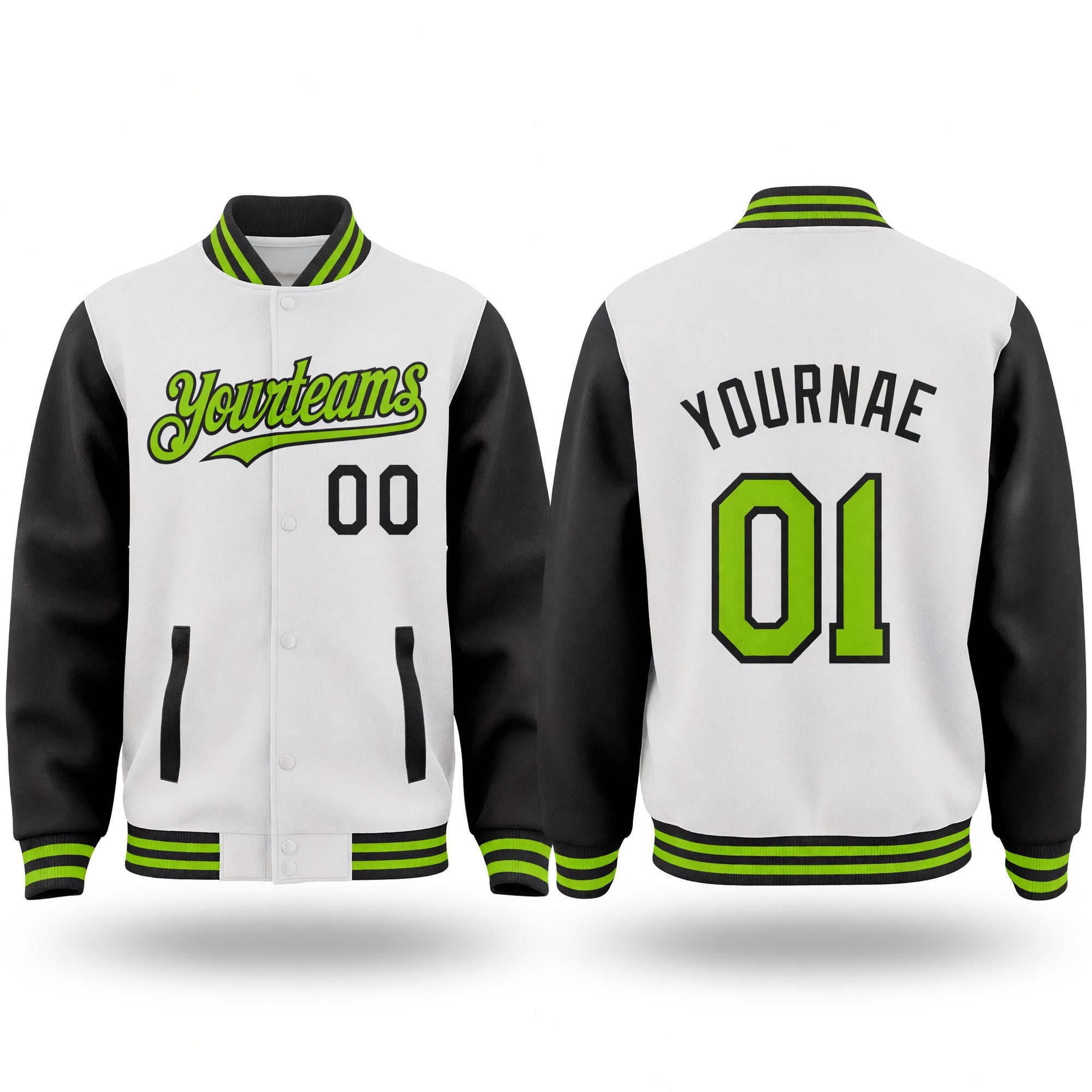 Custom White Neon Green-Black Bomber Full-Snap Varsity Letterman Two Tone Hoodie Jacket