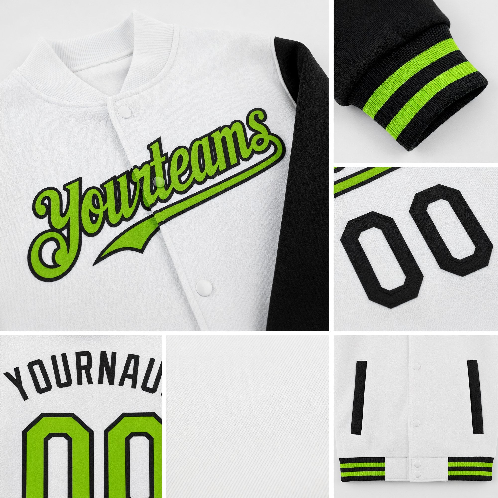 Custom White Neon Green-Black Bomber Full-Snap Varsity Letterman Two Tone Hoodie Jacket detail