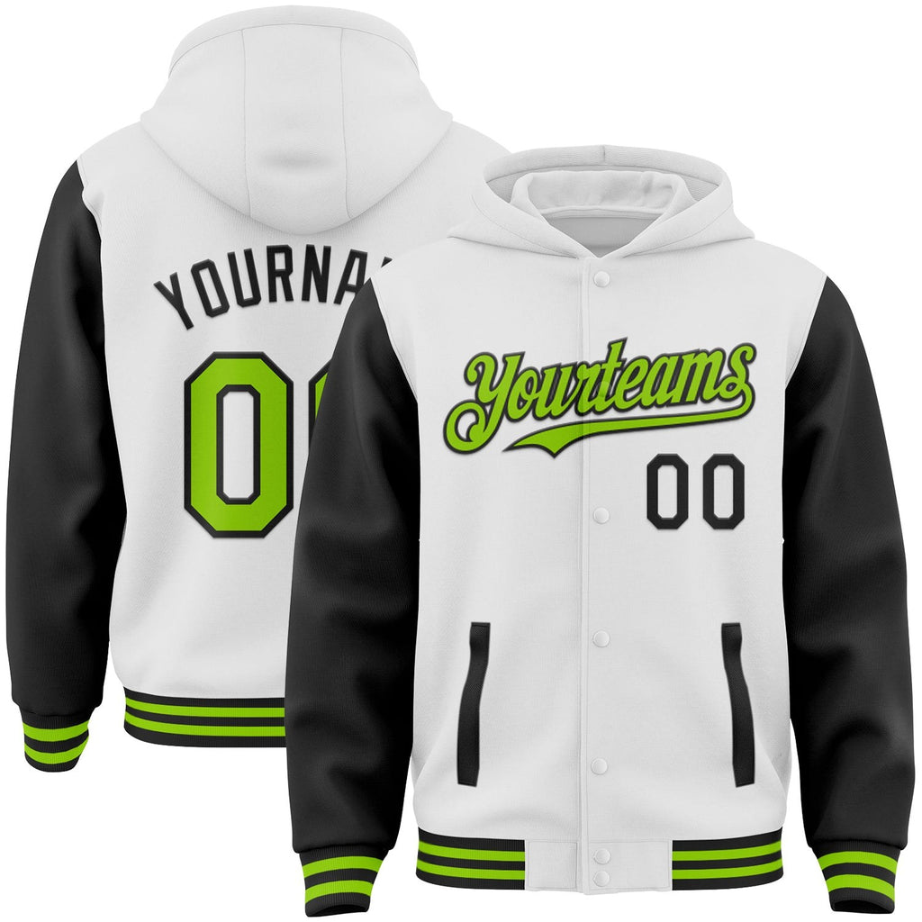 Custom White Neon Green-Black Bomber Full-Snap Varsity Letterman Two Tone Hoodie Jacket photo 1